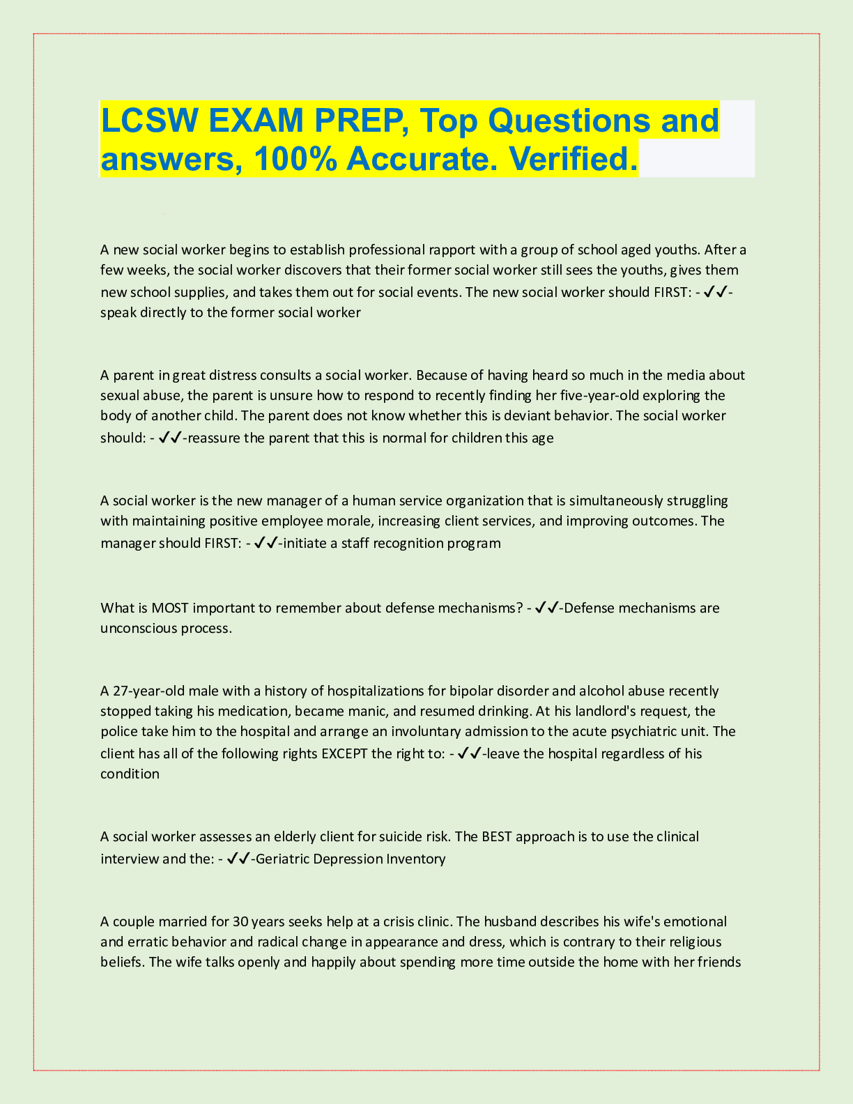 Preview image for LCSW EXAM PREP, Top Questions and  answers, 100% Accurate. Verified.